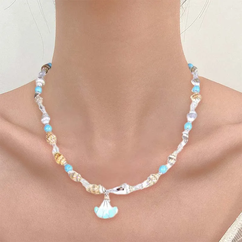 Bohemian Natural Stone Bead Chain Clavicle Necklace Charm Starfish Conch Pendant Rice Bead Necklace Choker Women's Beach Jewelry