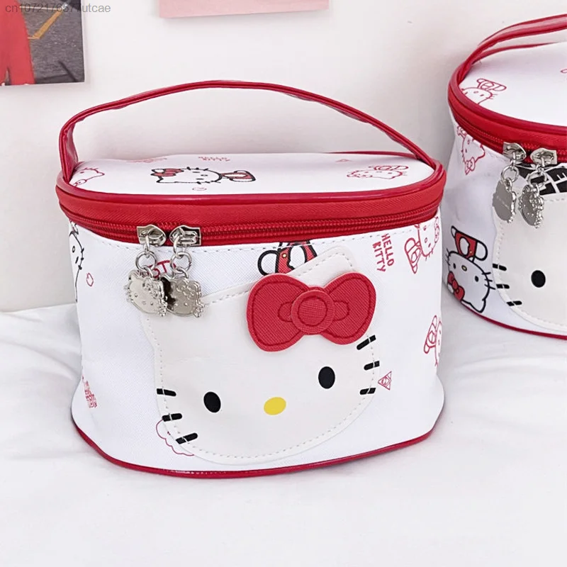 Sanrio-Bolsa de maquillaje de Hello Kitty para mujer, bolso de piel impermeable con dibujos animados, de gran capacidad, portátil, de almacenamiento, 2000s