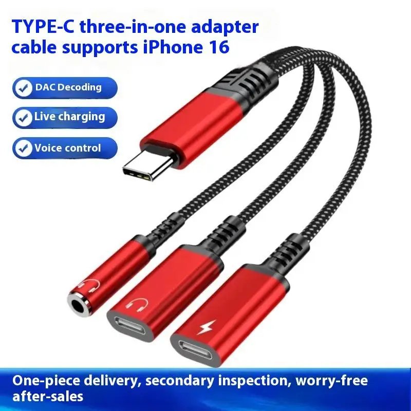 1 Piece Headphone Adapter 3 In 1 PD 60W Fast Charge Adapter For Phone16 15 Type C To Dual Type C/3.5mm Jack Audio Adapter Cable