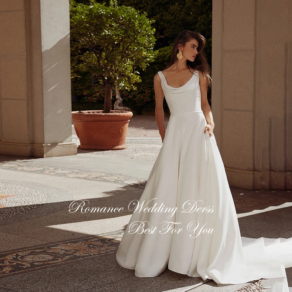 Clássico plissado barco-pescoço a linha vestido de casamento feminino com bolso sem mangas alças espaguete aberto volta vestido de novia personalizado