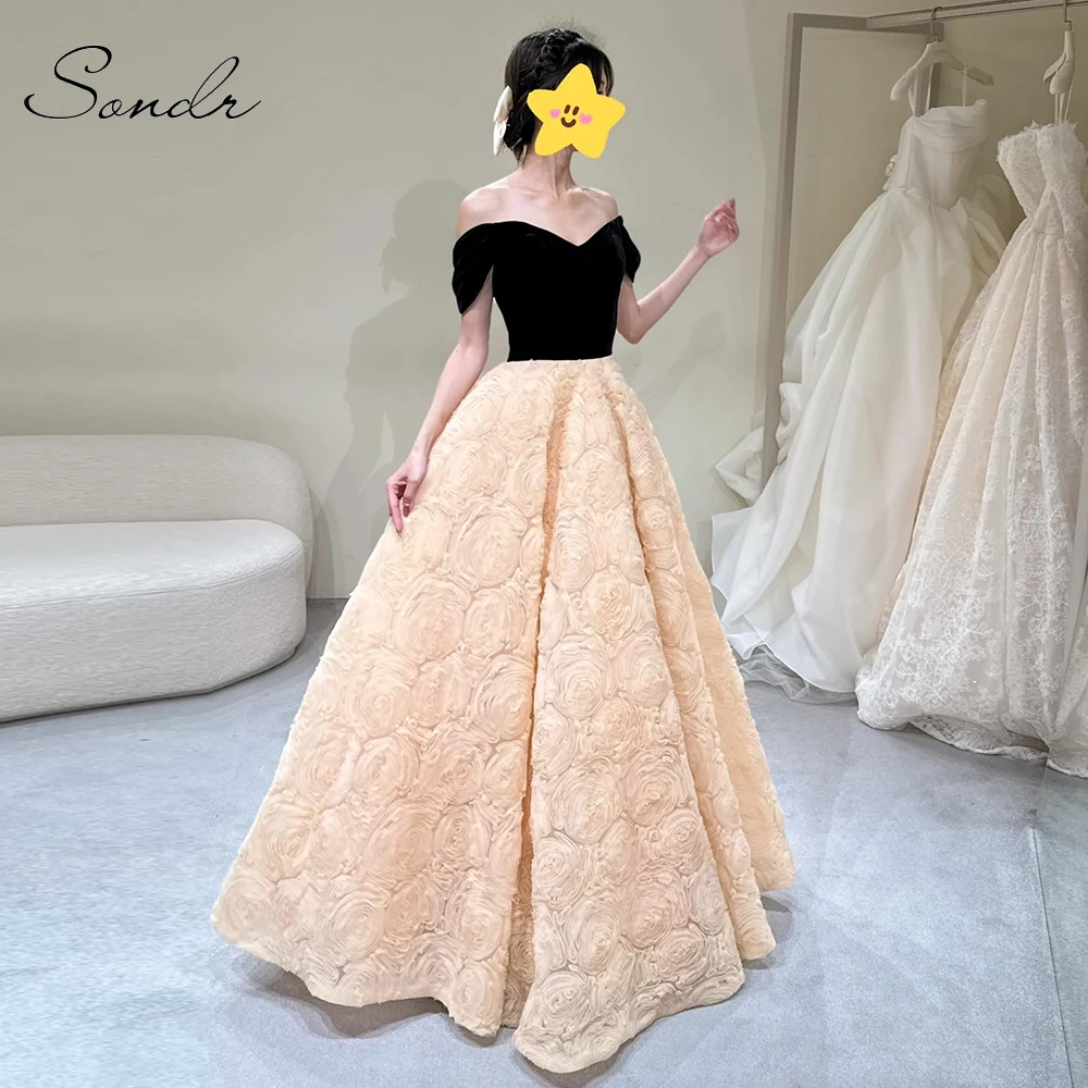 Sukienki wieczorowe Sondr Luxury Party, odkryte ramiona, czarne i szampańskie, kwiatowe, szyte na miarę koreańskie suknie ślubne, gorset