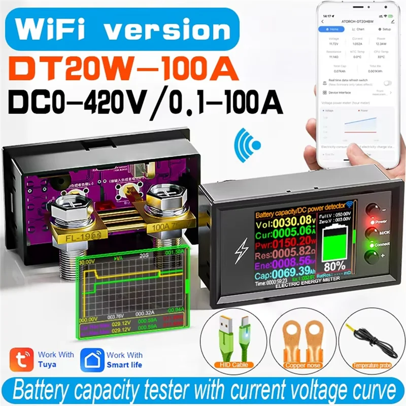 

Tuya DT20W Wifi Smart Lithium Battery Capacity Tester, 0-420V DC Voltage And Power Coulomb Meter-Y47A
