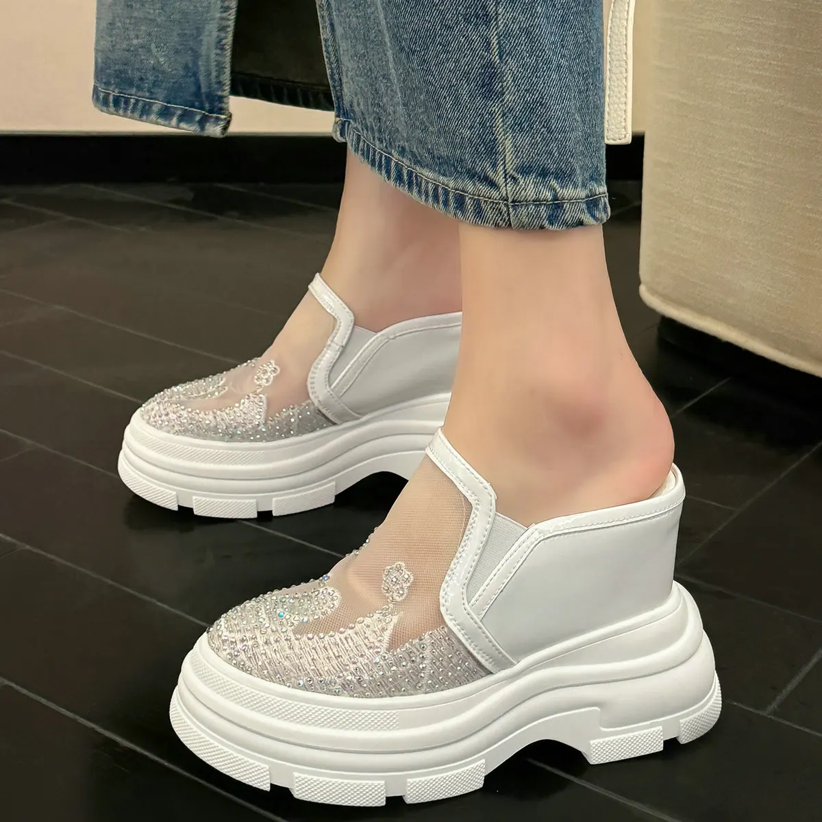 

Wedges Crystal Platform Pumps Shoes Women Mesh Super High Heels Gladiator Sandals Female Round Toe Fashion Sneakers Casual Shoes