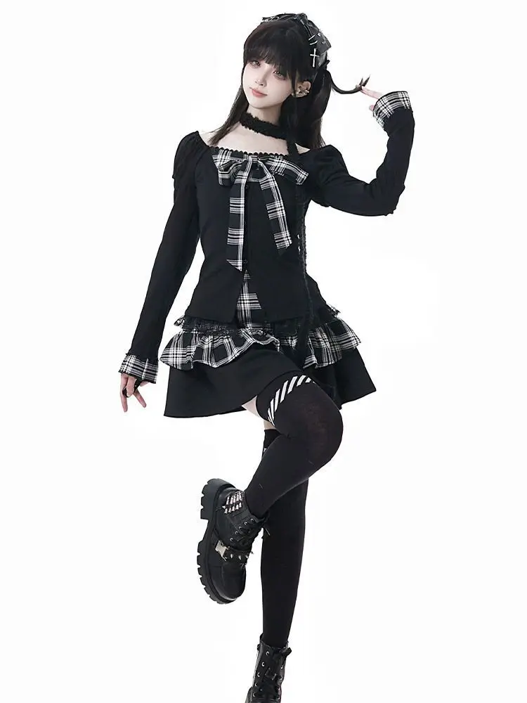 Preppy Style Lolita Suit Women Kawaii Japanese Vintage Tops with Mini Dress Y2K Casual Daily Female image 4