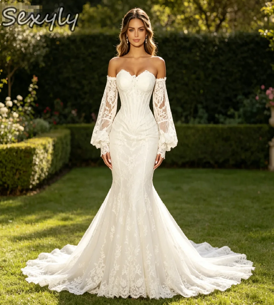 Off Shoulder Lace Mermaid Wedding Dress Long Bell Sleeve Sweetheart Corset Bridal Gown Outdoor Elopement Boho Garden Bride Party