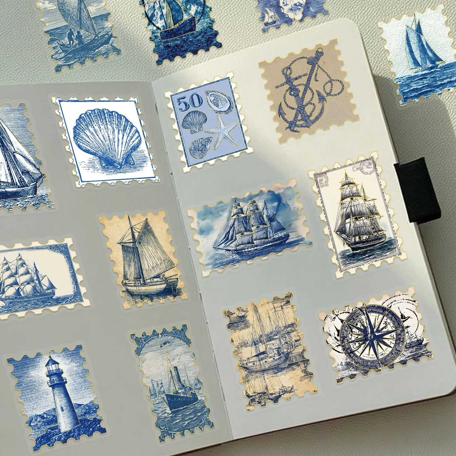 50pcs Golden Foil Retro Nautical Graffiti Stamp Stickers Cartoon Ship Anchor Lighthouse Decal DIY Notebook Phone Laptop Sticker