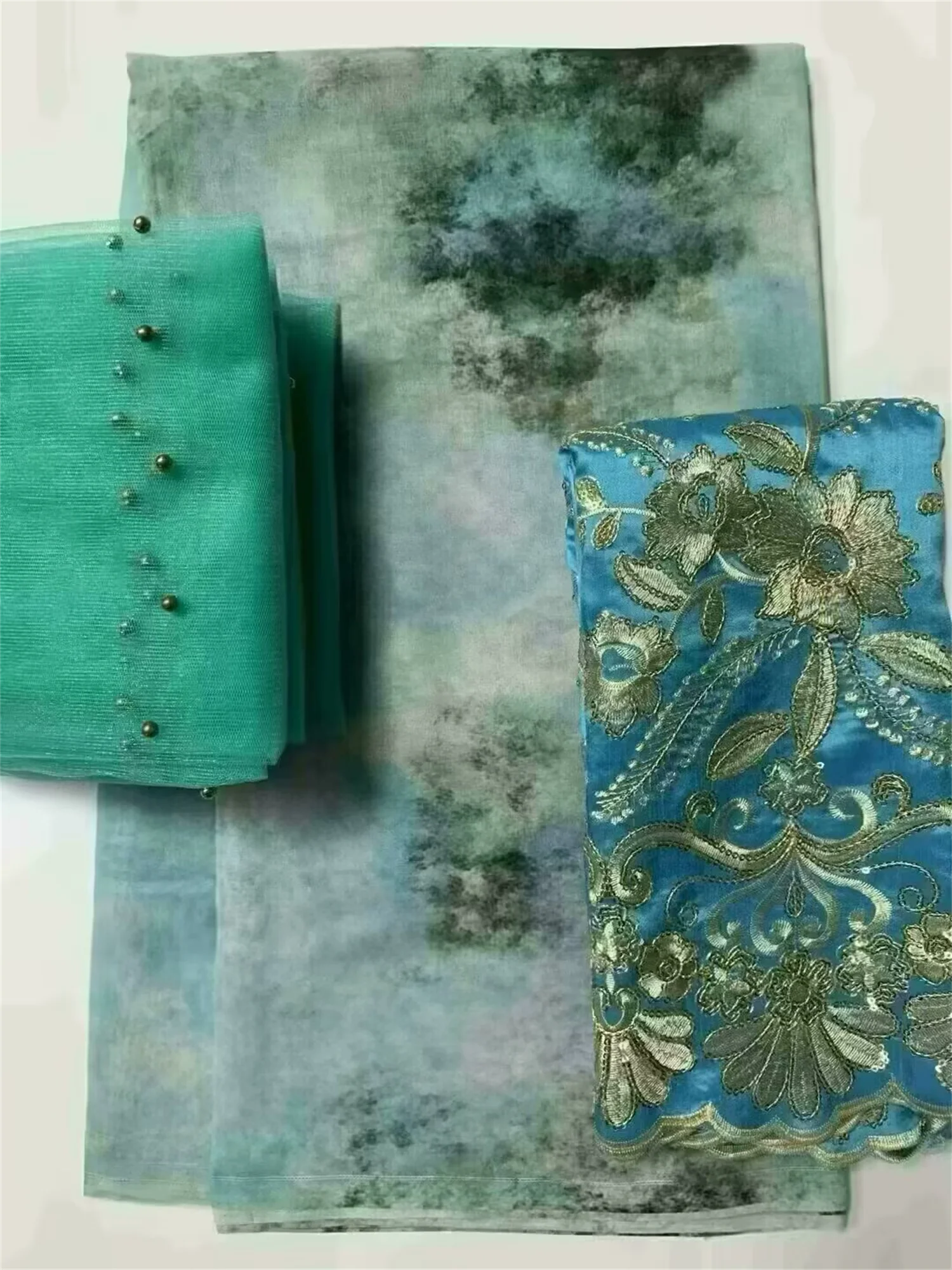 

5+2+2 Yards/Set Bead Sequins African Print Satin Silk George Fabric With Swiss Voile Lace For Party Lady Dress Sewing Material