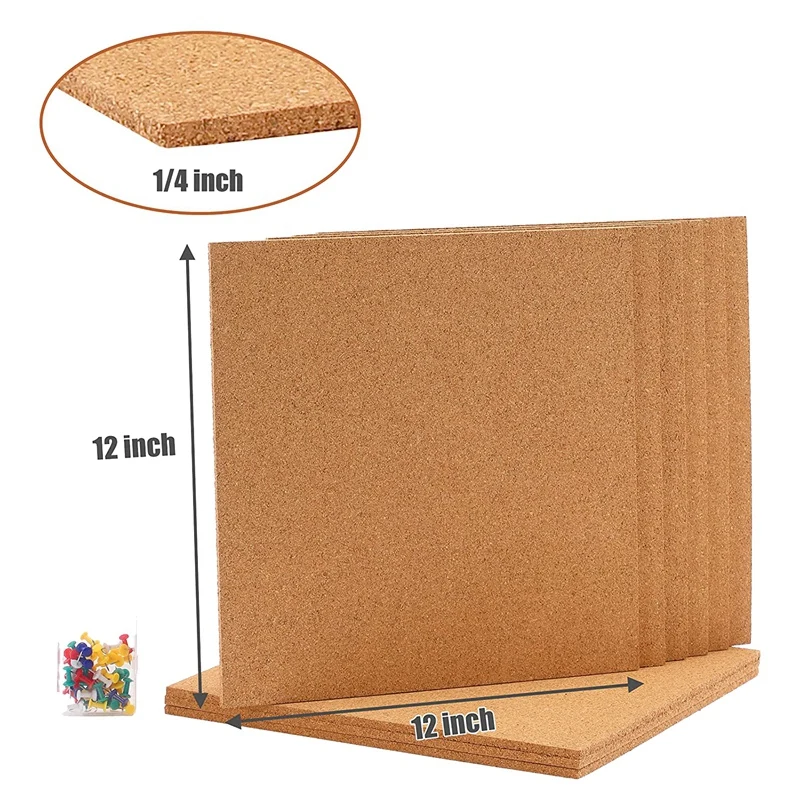 Tablero de corcho adhesivo para pared, tablones de anuncios cuadrados gruesos de 12 pulgadas x 12 pulgadas, 1/4 pulgadas, con 50 pines de empuje de piezas