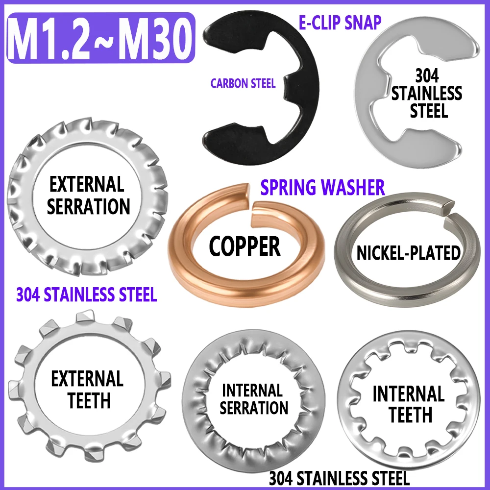 External or Internal Serrated Washer E-Clip Gasket Snap Spring Locking Washers M1.2~M30 Internal or External Toothed Lock Gasket