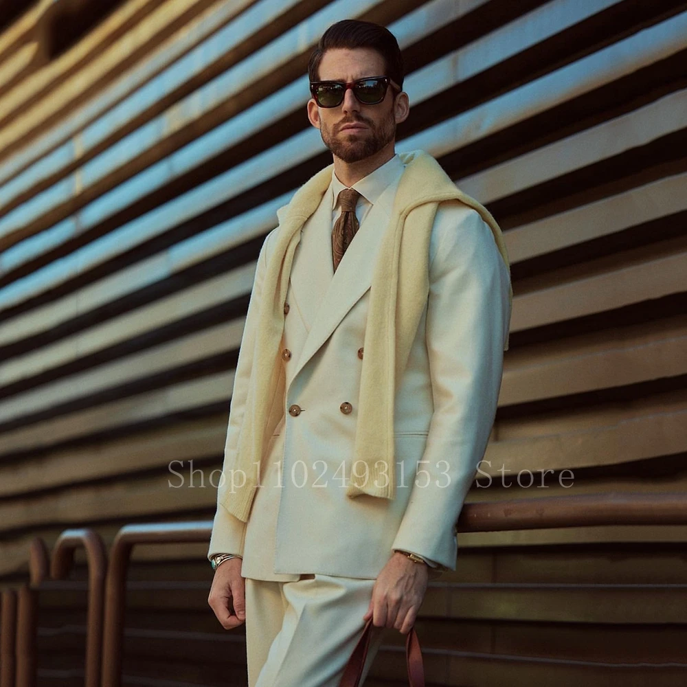 Tailor Made Beige Men Suits For Wedding 2 Pieces Double Breasted Elegant Formal Business Bridegroom Tuxedos Costume Homme