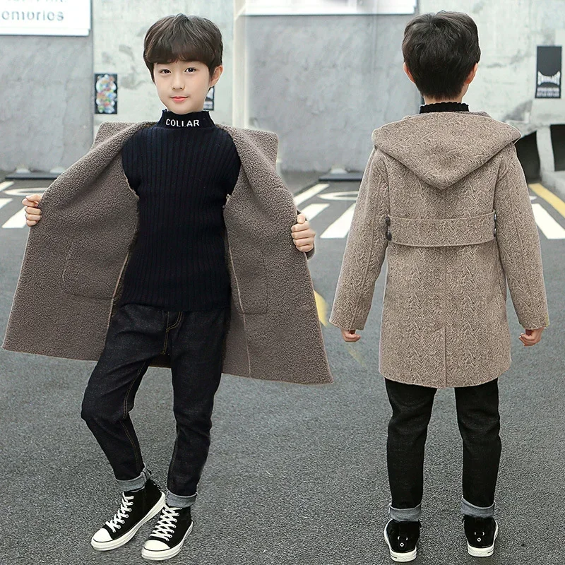 Girls Wool Coat Jacket Outerwear 2022 Khaki Thicken Velvet Winter Autumn Cotton Plus Size Windproof Children's Clothing