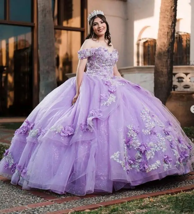 Vestido Lila brillante De quinceañera, 15 Años, 2022, Florals, sin hombros, esponjoso, dulce 16, lujoso Charro mejicano para baile De graduación