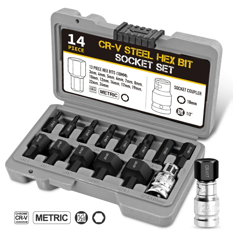 

Hexagonal Bit Socket Set Complete 14-Piece with Storage Case Impact Hex Bit 1/2" Drive Air Cannon Electric Wrench Accessories