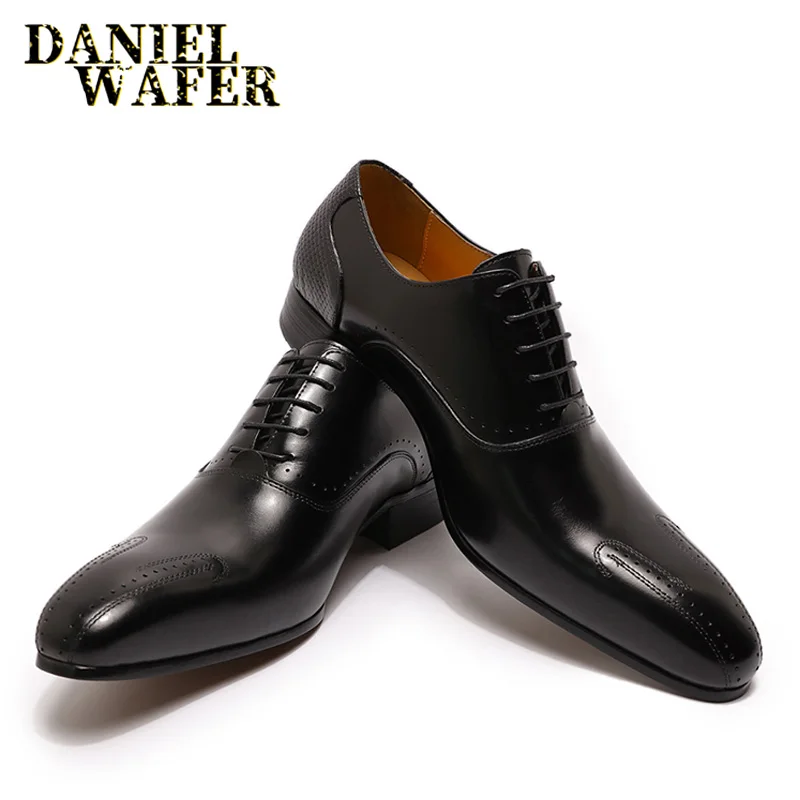 Winter Luxury Men Genuine Leather Shoes Lace Up Wedding Office Business Pointed Toe Formal Men\'s Dress Oxford Shoes for Men