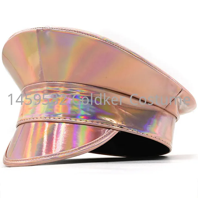 Women Men PU Leather Captain Cap Rainbow Laser Patent Leather Military Hat Prom Performance Bar Cosplay Show Hat Beret Cap