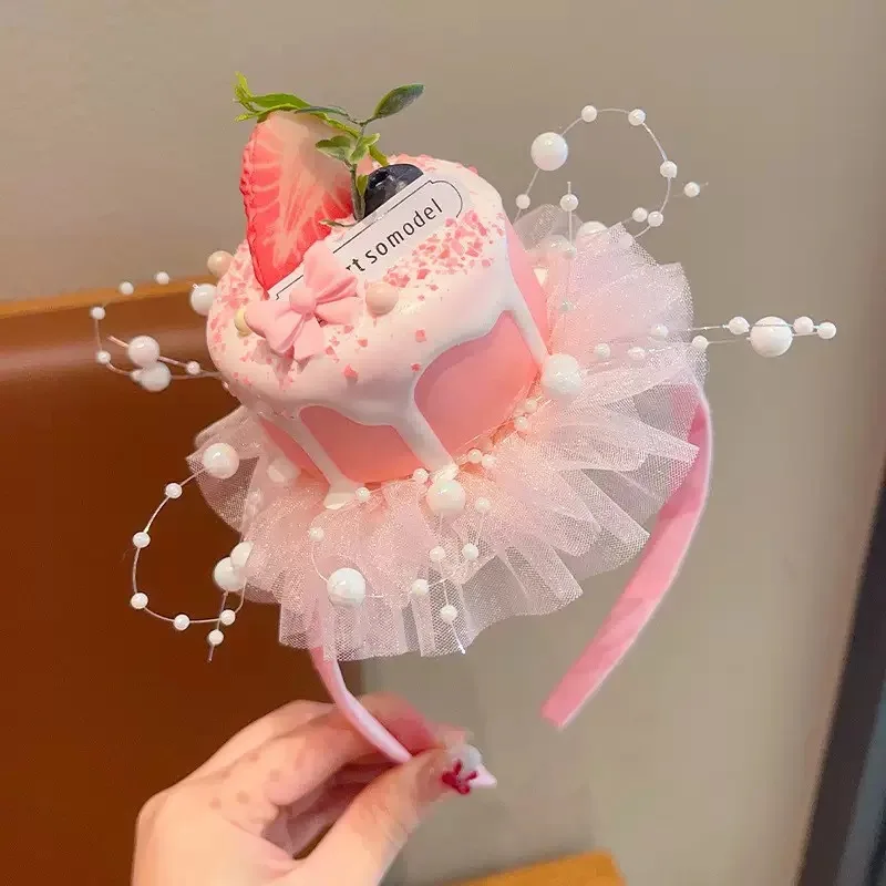 Sweetheart Party~Cherry Cake Hat Lace Hair Clip Girls Birthday Photo Creative Hairband Cute Kids