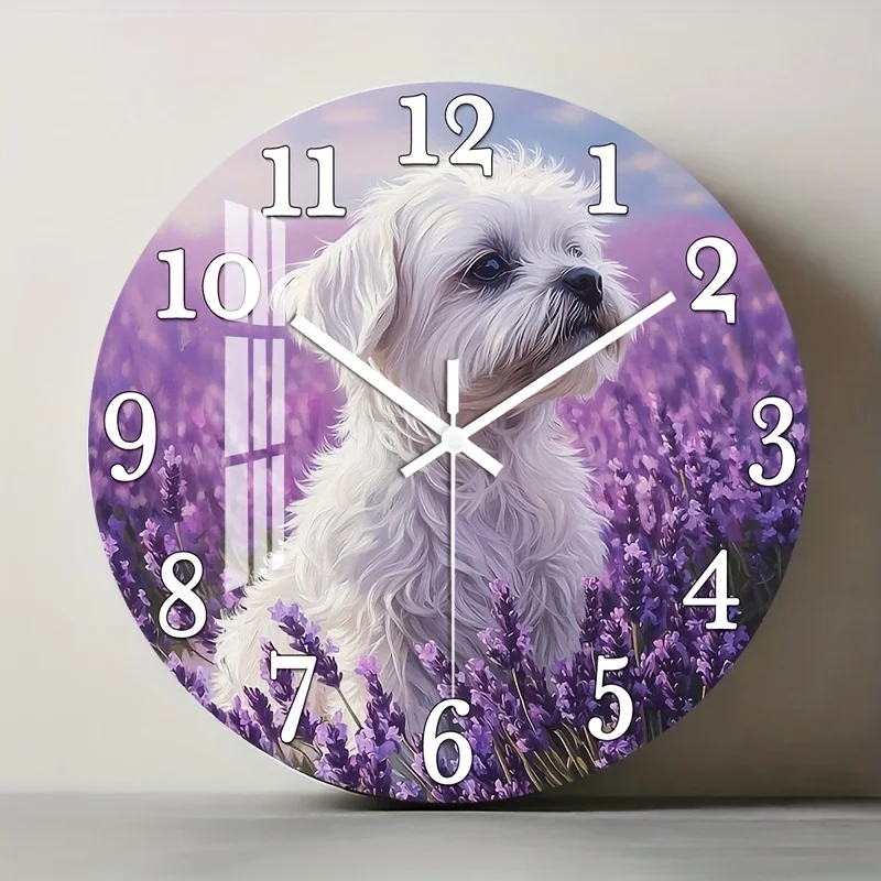 Reloj de Pared de Madera Silencioso, Sin Tictac, Diseño Redondo Grande con Perro Blanco y Campo de Lavanda, con Cara de Cachorro West Highland Terrier (1 Pieza)