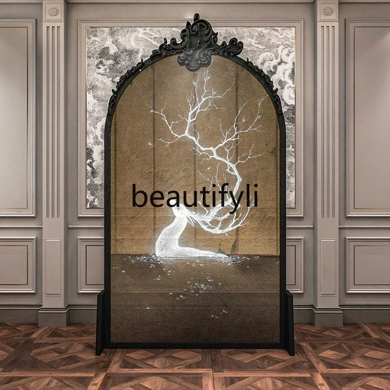 

European simple solid wood carving flower screen partition living room study entrance hollow home decoration screen