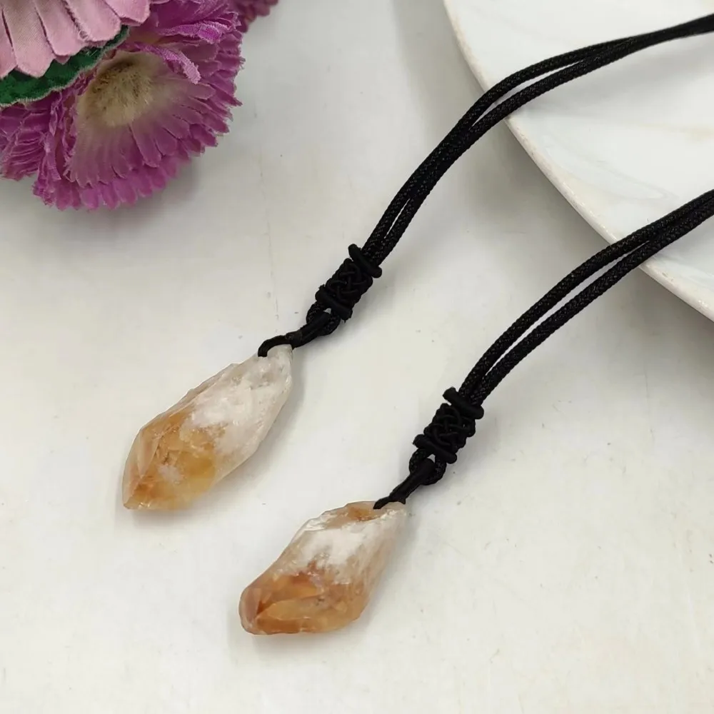 1pc Natural Citrine Point Raw Stone Pendant Yellow Quartz Crystal Reiki Healing Necklace Mineral Energy Rope Men Women Gift