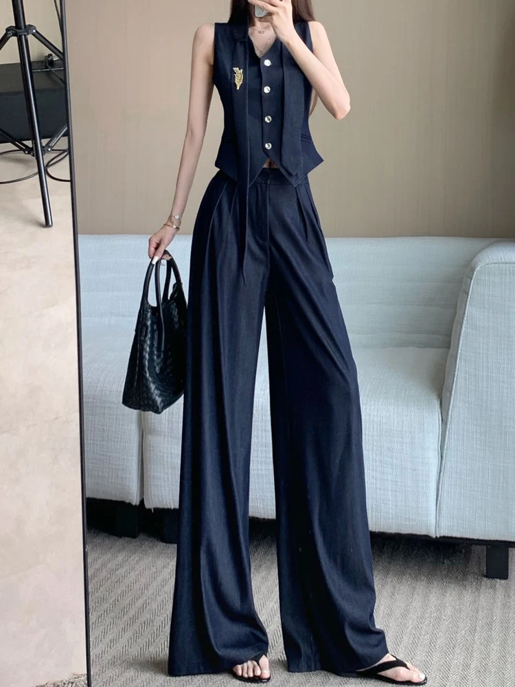 

Джинсовый жилет и широкие брюки Ele V-Ne, комплект из двух предметов для женщин, летняя мода в стиле ретро, ощущение качество