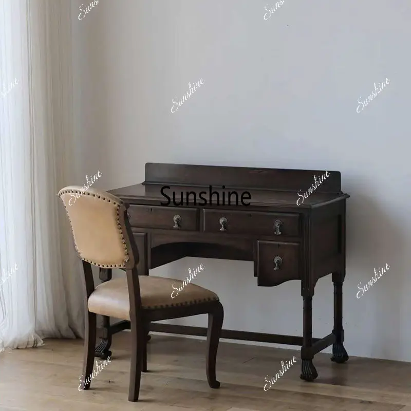 

French retro solid wood desk with drawers writing desk