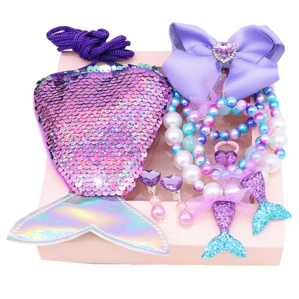 Mermaid Accessories Jewelry Set Sequins Purse Necklace Bracelet Bow Hair Clip Shell Earring Headband Gift for Baby Photo Props