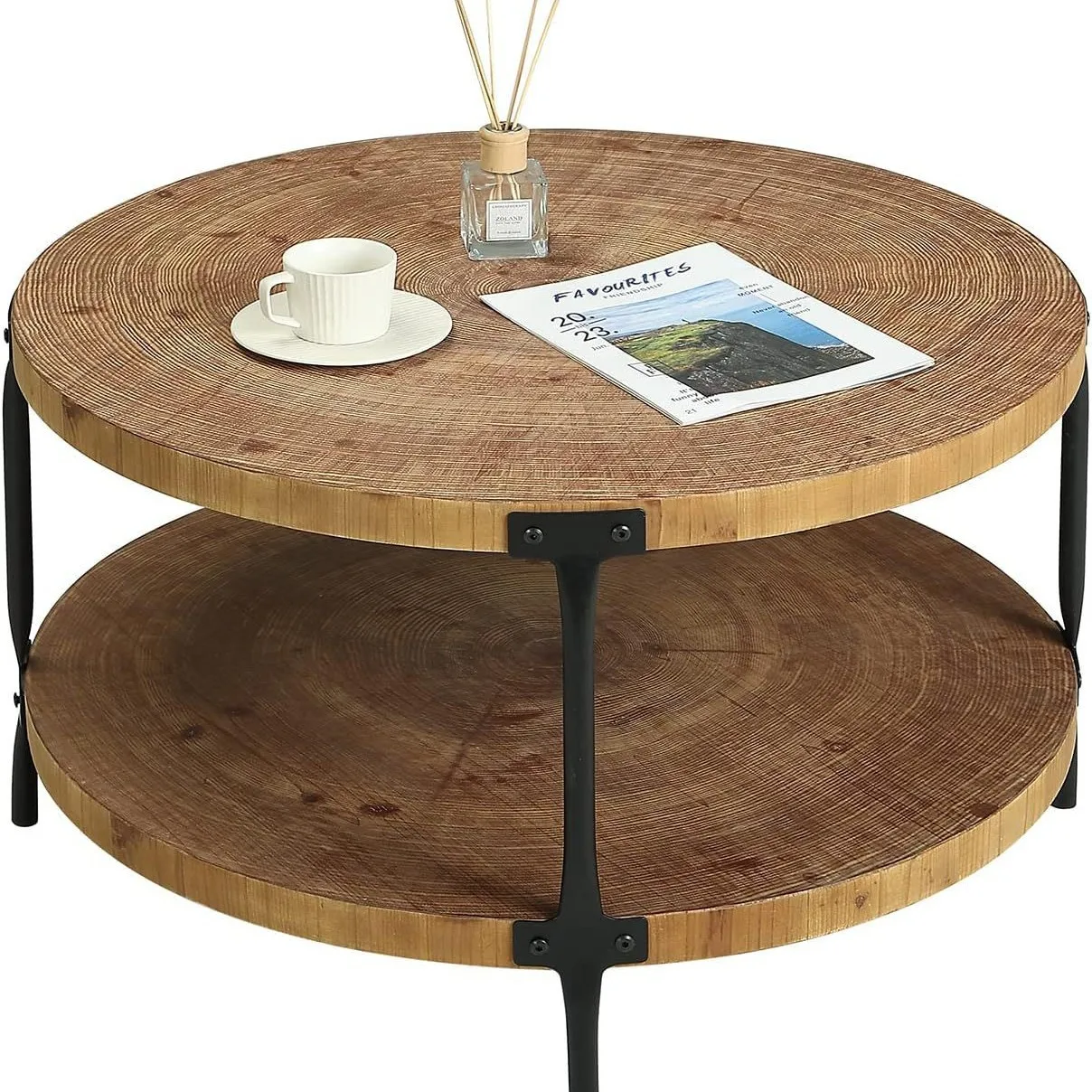 layer coffee table living room furniture Round bohemian wood coffee table, farmhouse natural round wood double