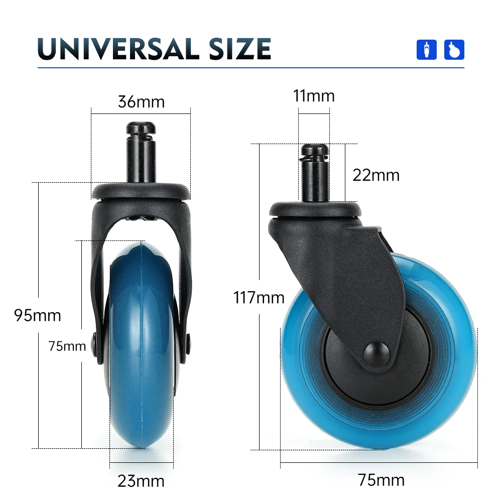 5PCS Blue Polyurethane Office Chair Caster Wheels,3inches Swivel Rubber Soft Furniture Wheels Safe Rollers for Furniture