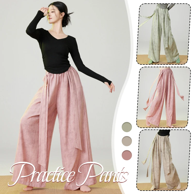 Women Classical Dance Pants Elegant Flowy Ribbon Modern Dance Practice Pant Casual Loose Wide Leg Lace-Up Tie-Dye Culottes Pants