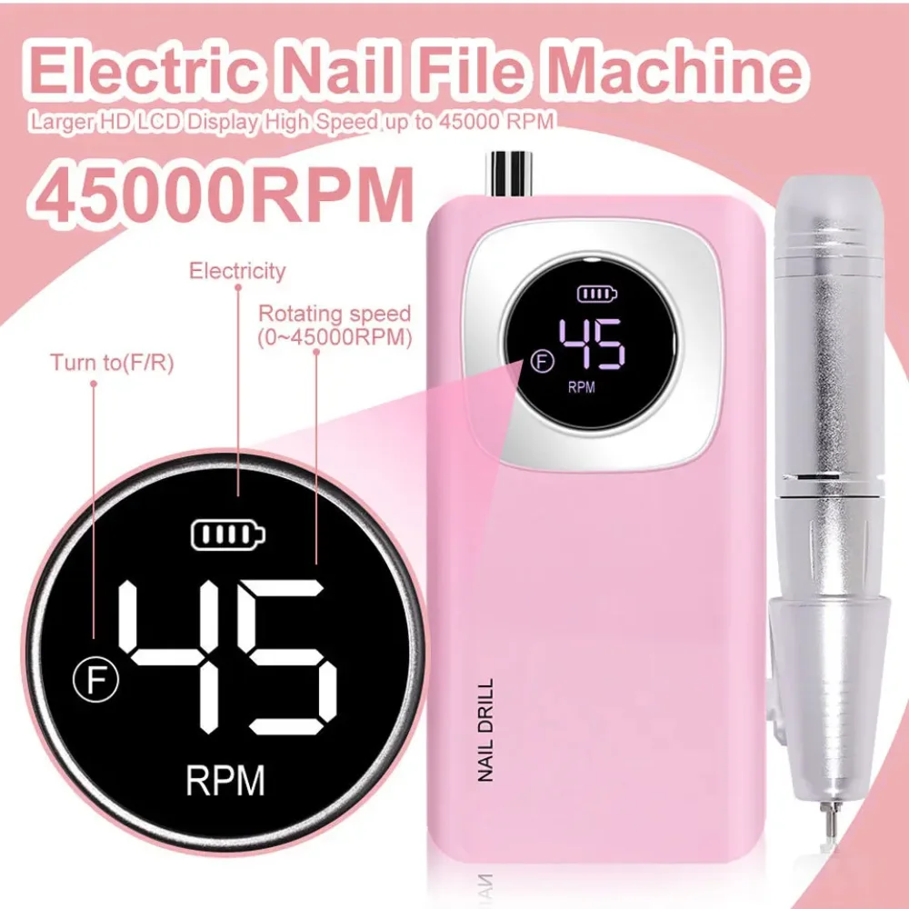 45000RPM Professional Rechargeable Electric Nail Drill Portable Nail Sander for Gel Nails Polishing For Home Manicure Salon