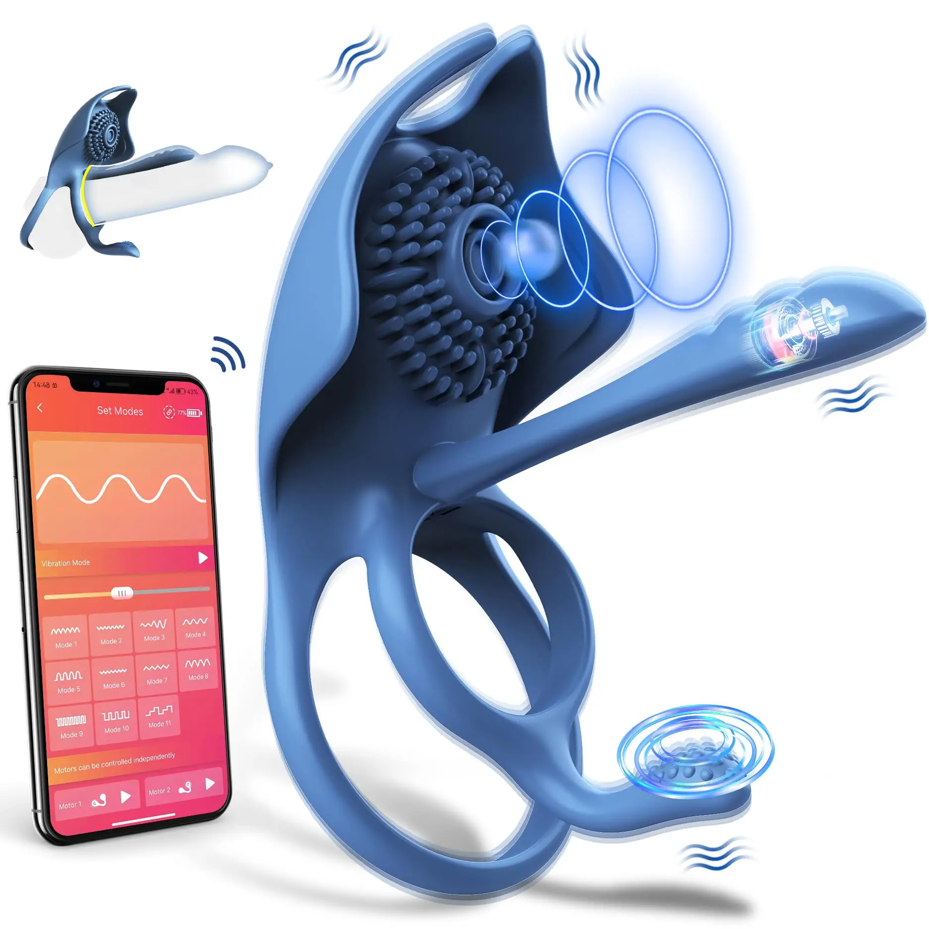 حلقة الاهتزاز لتأخير القضيب لعبة الجنس-Ridmi 4 في 1 حلقة اهتزاز مع 10 اهتزاز، لعبة جنسية للزوجين، مع التحكم في التطبيق، سيليكو للرجال