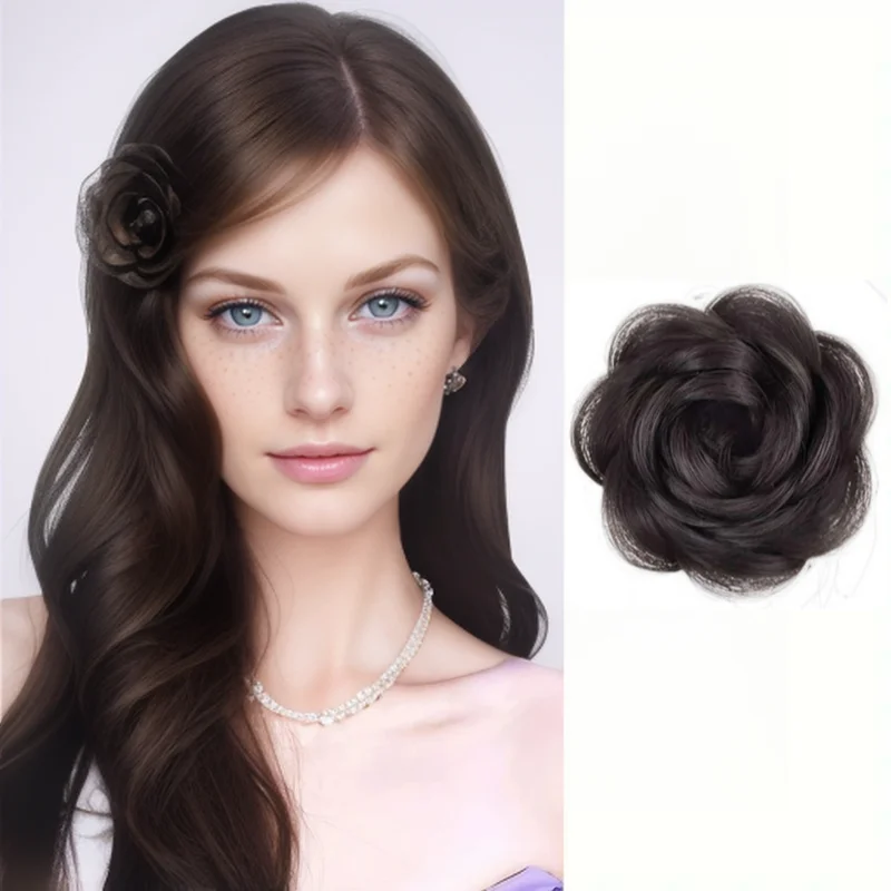 Synthetic Elegant Rose Hairpiece With Duckbill Clip Hair Accessories Side Flower Bun Hairstyle Extensions for Women Daily Use