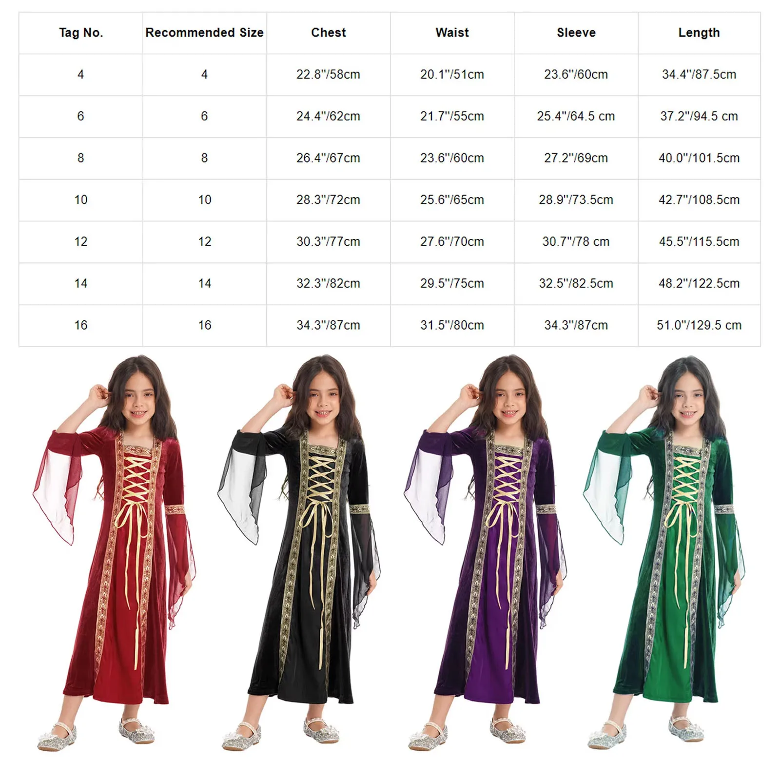 Bambini ragazze manica lunga vittoriano medievale abito lungo velluto palazzo regina principessa Halloween Costume Cosplay