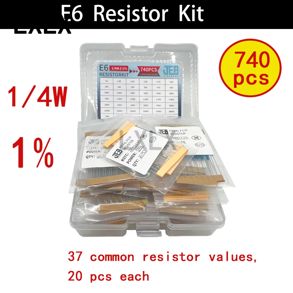 740pcs 1/4W 1R-1M E6 Resistor Kit, 37 Common Values, 20 Pcs Each, 0.25W, 1% & 5% Tolerance, Color Code Resistors, Boxed