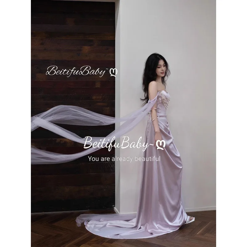 BeitifuBaby Elegant 2024 Stainชุดราตรีสตรีสไตล์เรียบง่ายปิดไหล่Pearl ChainกระโปรงMermaidจัดเลี้ยงBall Gown