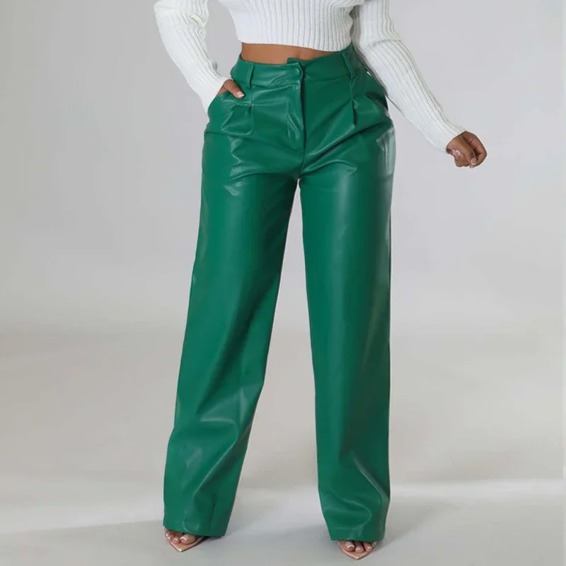 

2023 Fashion Women PU Pants Autumn and Winter Casual Vinage Pocket Trousers Loose Wide Leg Leather Pants Elegant Pantalon 30033