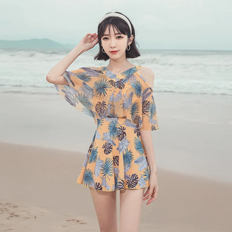 Safe Underwear Flounce Sleeve Hollow Shoulder Two Piece Swimsuit For Women Plus Size Swimwear Swimming Suit Beach Outfits New