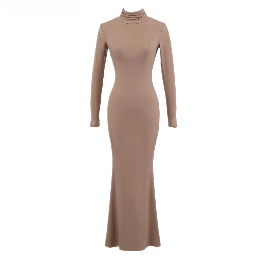 Seksowna sukienka damska z długim rękawem, dopasowana, typu rybka, z wysokim kołnierzem, dzianina prążkowana z rayonu i bawełny, elastyczna, basic, sukienka Vestido, 2025