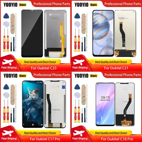 100% New Original For Oukitel C16 Pro C17 Pro C19 Pro C21 C22 C25 C23 Pro LCD Display  Touch Screen With Frame Assembly Tools