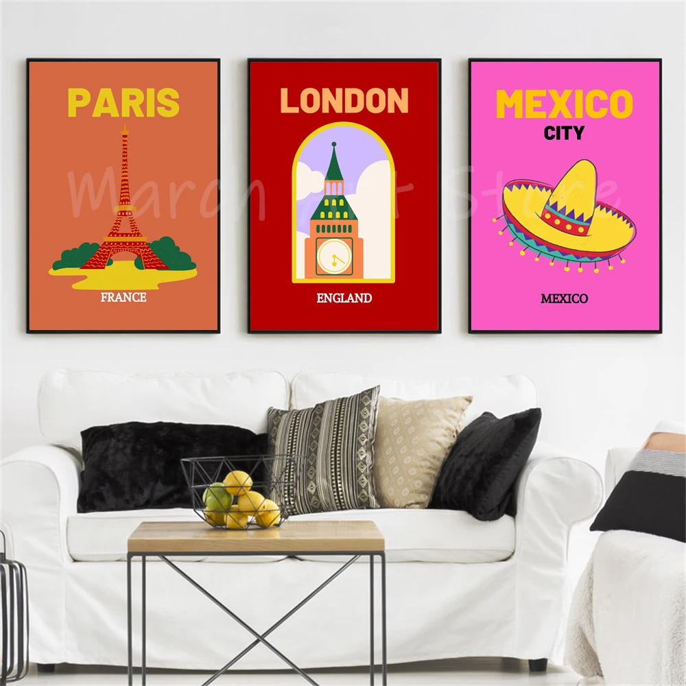 Travel Art Poster Paris Mexico  Colorful Travel Wall Art Canvas Painting Prints Gallery Wall Decor Gifts Bedroom Porch Decor