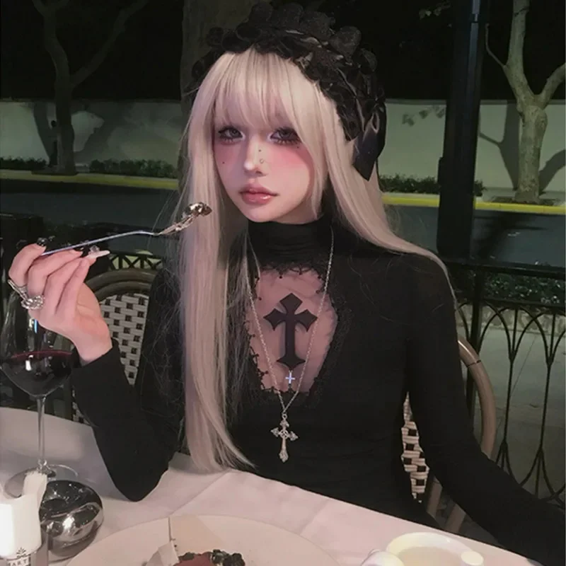 Sexy Black Gothic T Shirts Cross Hollow Slimming Bottom Turtleneck Tops 2000s Clothes Long Sleeve Female Spring Autumn Tops Tees