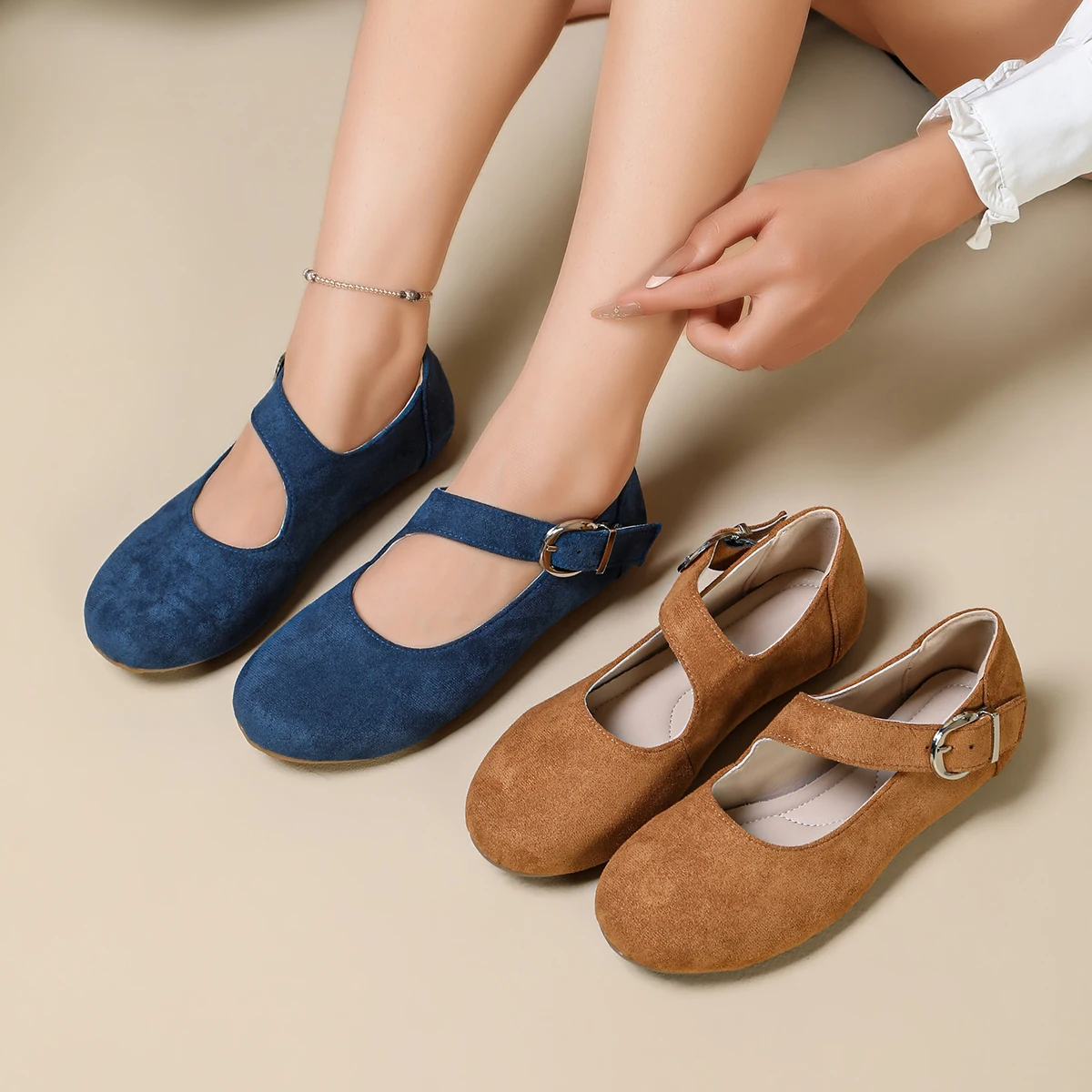 Damen Mary Jane Schuhe, Wildleder, runde Zehenpartie, flache Schuhe, mit Schnallenriemen, lässig, bequem, für Arbeit, Büro, Alltag, Ballerinas. – Detail 1