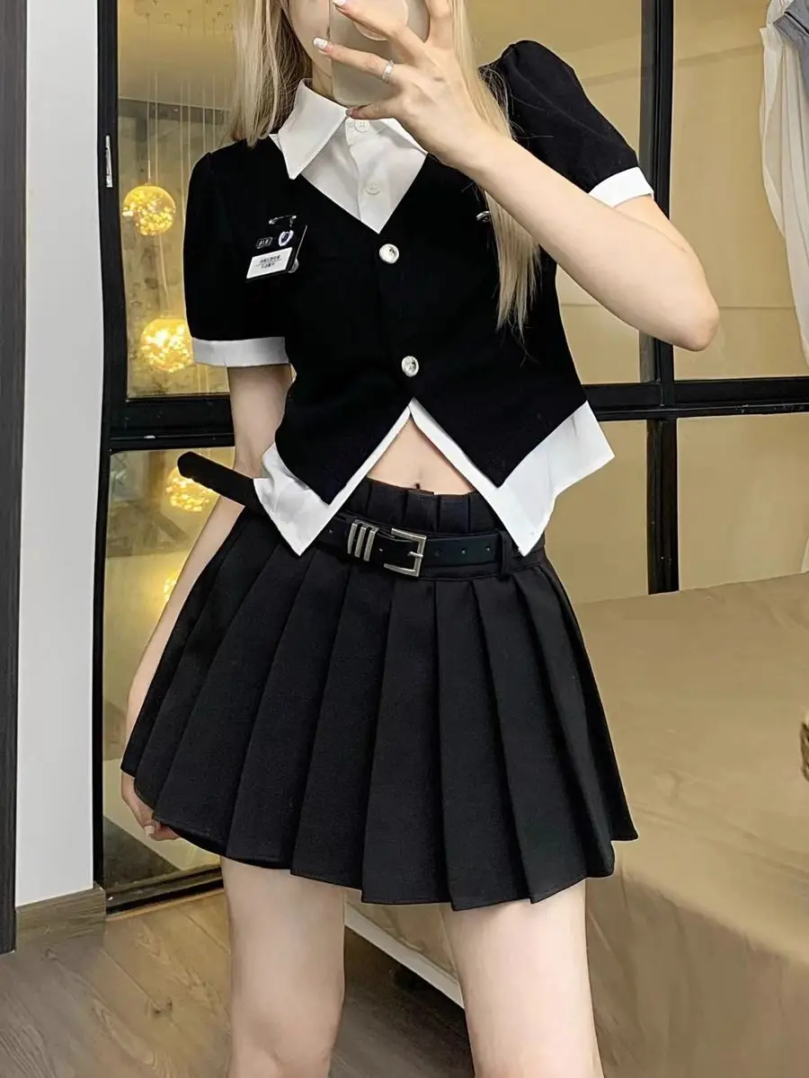 Women Suits 2024 Summer New Black Fake Two Piece Top High Waist Pleated Skirt Sweet Cool Spicy Girl College Two Piece Chic