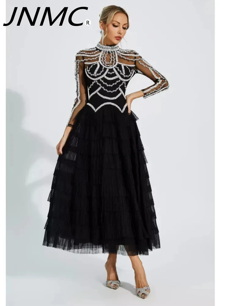 DFDG eleganza femminile Heavy Craft manica lunga abito Patchwork con perline abito da festa di lusso leggero abito lungo da damigella d'onore 2024