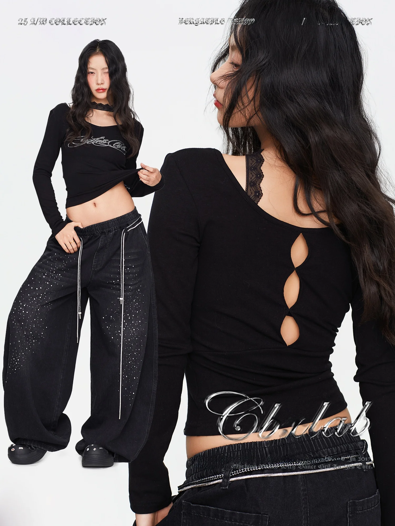 

CBXLAB Street Dance Trendy Bla Y2K Sexy Lace Ne Circle Top American Bal Long Sve Women's Faion Ci Walk Perfor...