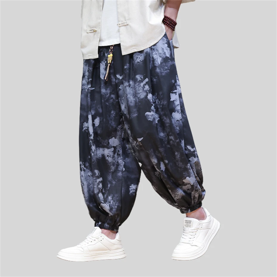 Large Size Ice Silk Pants Men Loose Casual Harem Pant Men Ankle Length Pants Floral Print Pant Summer Bottom Men Clothing 5XL