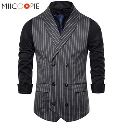 Mens Waistcoat Stripe Plaid Formal Suit Vest Men Fashion Casual Double Breasted Sleeveless Gilet Male Business Formal Dress Vest