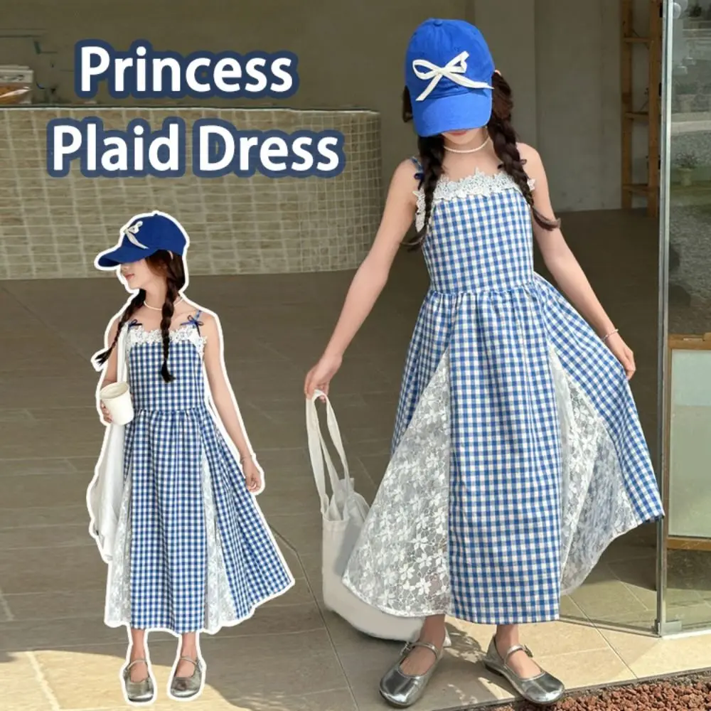 

Casual Plaid Girl Princess Dress Loose Sweet Teens Sling Dress Skirt Lace Mesh Children Sleeveless Dresses Summer