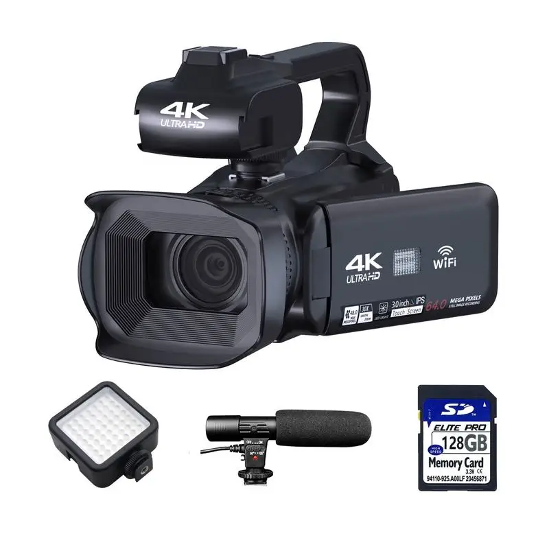 Digital Camcorder 18X Zoom w/ Mic & Fill Light, 1080P/4K Video Camera Recorder Kit + Lens Hood + 128GB SD Card