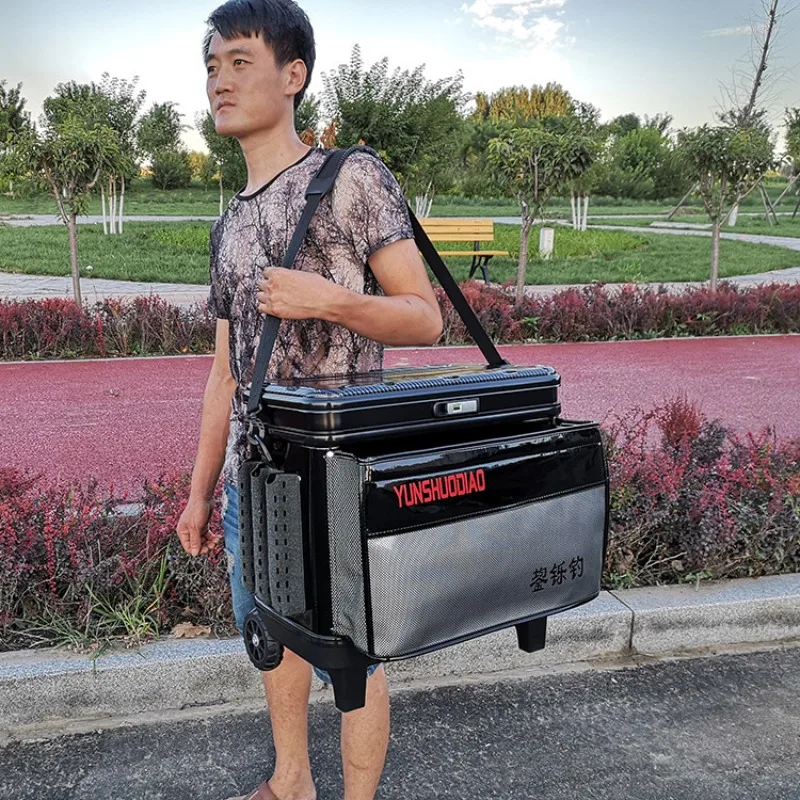 

Hard Cover Multifunctional Fishing Trolley, Large Wheel Thickened Fishing Bucket, Sit-on Fishing Tackle Box with Pull Rod